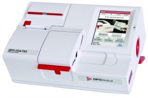 The Opti R blood gas analyzer by Opti Medical Systems has an auto-aspiration feature that makes sure the test cartridge is filled properly and also includes bubble and clot detection.