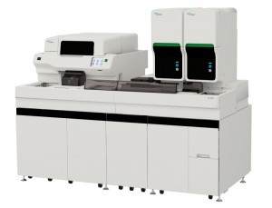The Sysmex XN-3000 combines the company’s XN-2000 automated hematology system (right) with the newest member of the series, the DI-60 integrated slide processing system. 