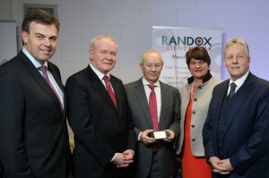 Alastair Hamilton, Chief Executive, Invest Northern Ireland; Martin McGuinness MLA, Deputy First Minister; Peter FitzGerald, PhD, Managing Director of Randox; Arlene Foster, Enterprise Minister; Right Honorable Peter D. Robinson MLA, First Minister. 