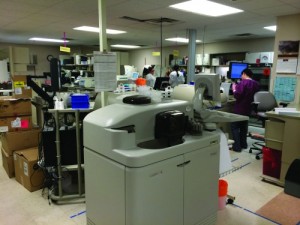 During a laboratory update, instruments and components shipped into the lab are stored until needed for installation. Photo courtesy Beckman Coulter Diagnostics. 