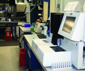In this rapid response lab, a coagulation analyzer and a urine analyzer have been placed close to one another to permit efficient use of one technician’s time for processing specimens. Photo courtesy Laboratory Alliance of Central New York.