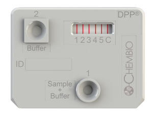 Chembio’s DPP technology platform cassette showing multiplexing. It provides rapid point-of-care tests for a number of emerging and infectious diseases on a single device with a single patient specimen. 